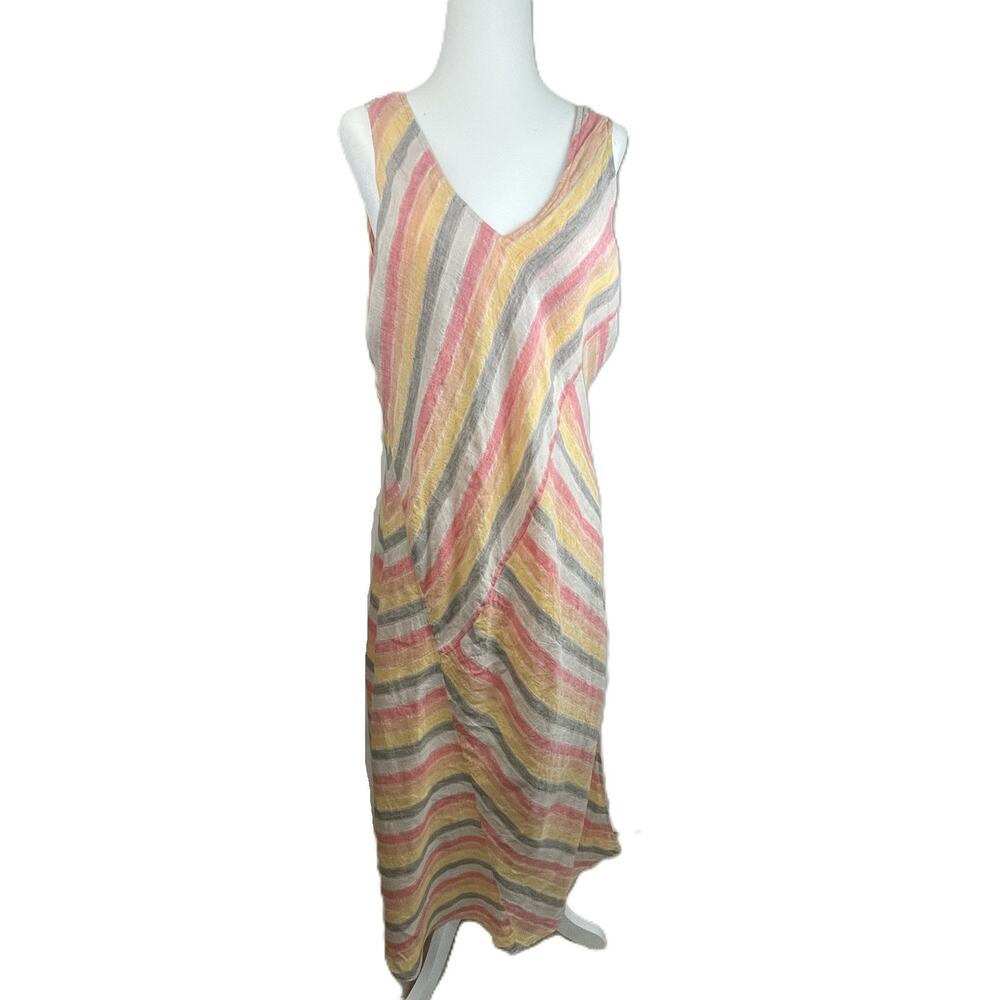 J Jill Love Linen Petite M Striped Linen Maxi Dress‎ Summer Coastal Casual Lined